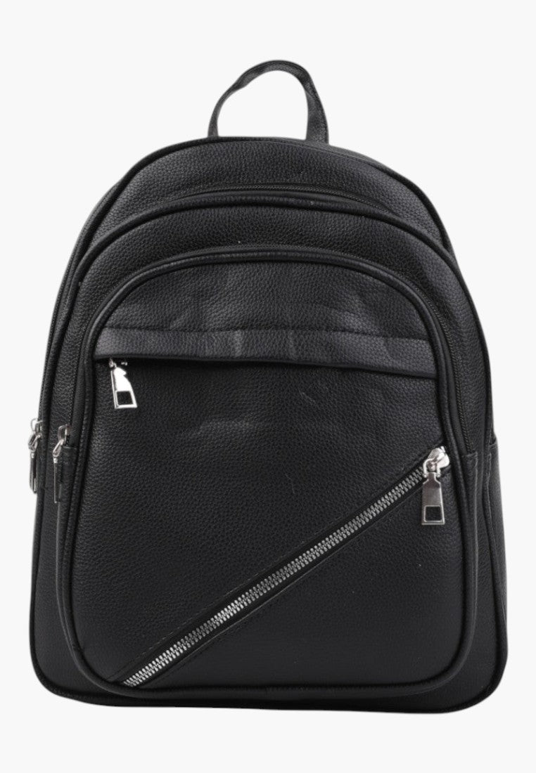 Falio stylish black urban women's backpack with a textured finish and diagonal front zipper pocket.