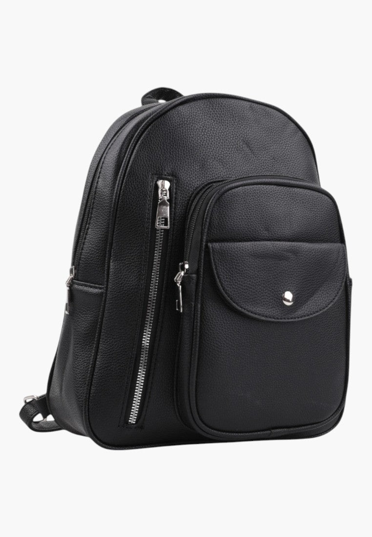 Falio elegant black urban women's backpack with a textured finish, front zipper pocket, and snap button closure.