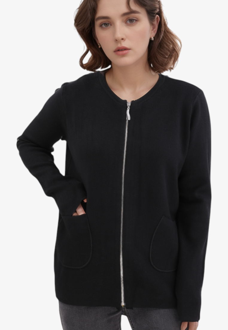 Falio black plus size viscose cardigan with a round neckline, long sleeves, and a front zipper closure with pockets.