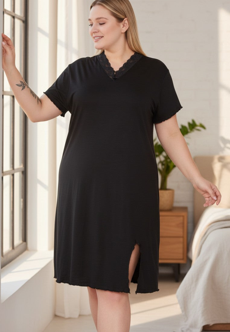 Falio black plus size viscose nightgown with short sleeves, V-neck, and lace trim. Above-the-knee length.