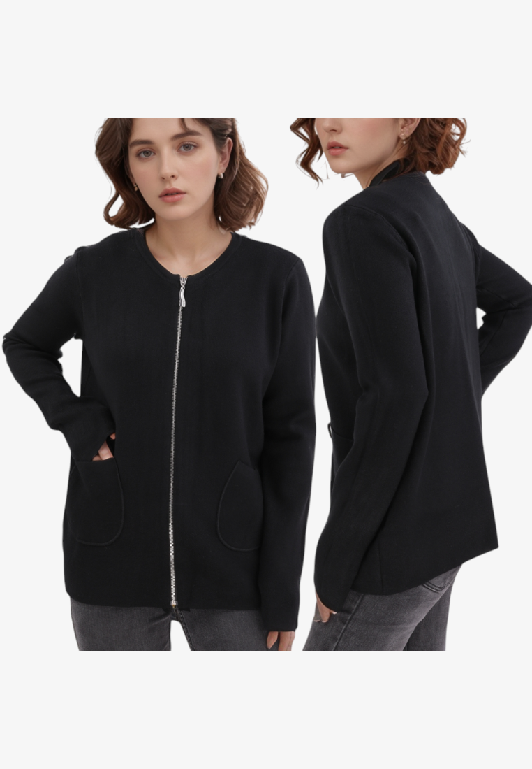 Falio black plus size viscose sweater with long sleeves, round neckline, front zipper, and two pockets on a model.