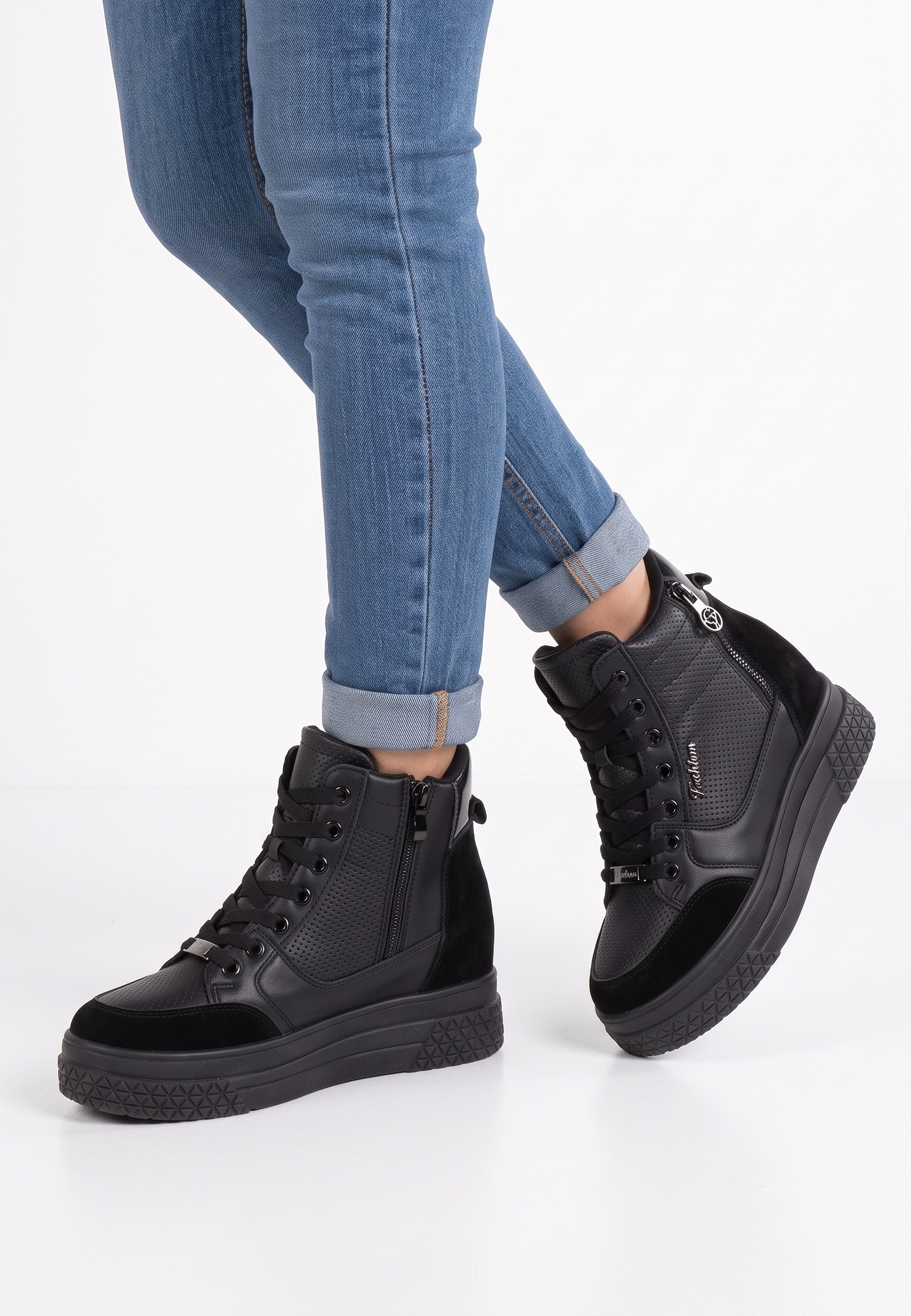 Falio women's black faux leather and suede wedge sneakers with side zipper, laces, and thick platform sole