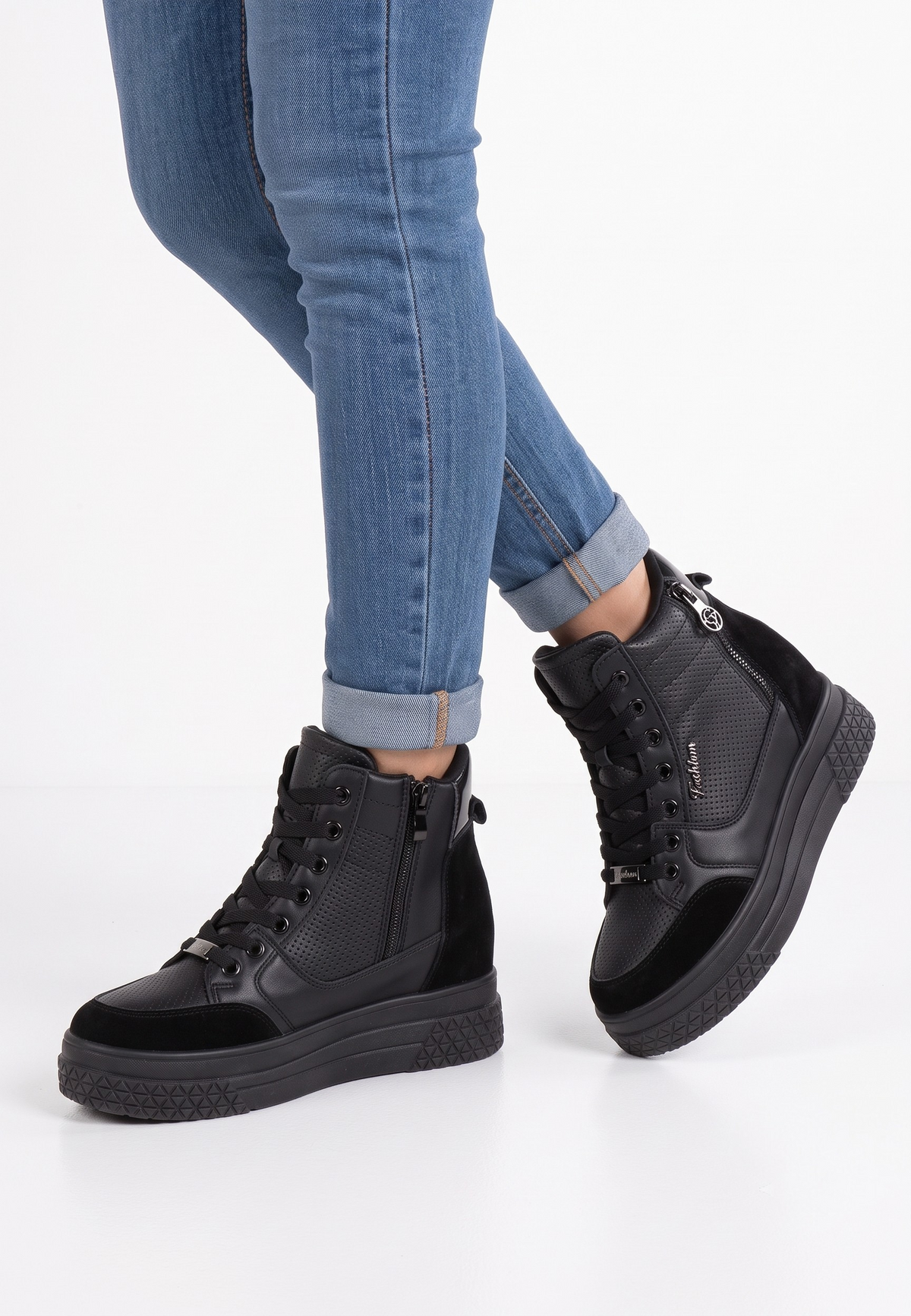 Falio women's black faux leather and suede wedge sneakers with side zipper, laces, and thick platform sole