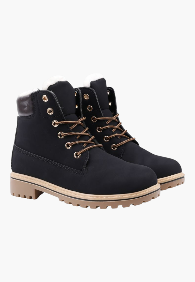 Falio black synthetic nubuck winter ankle boots with faux fur lining, lace-up closure, and thick lug sole.