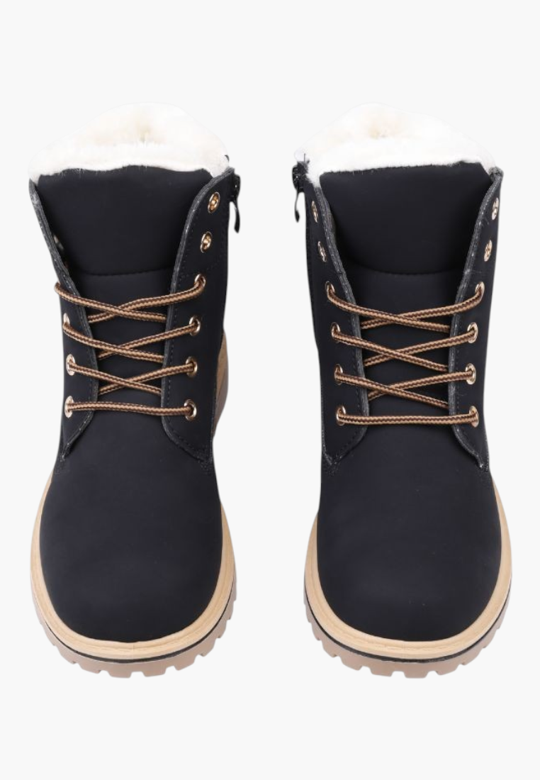 Falio women's black synthetic nubuck winter boots with faux fur lining, lace-up front, and thick lug sole