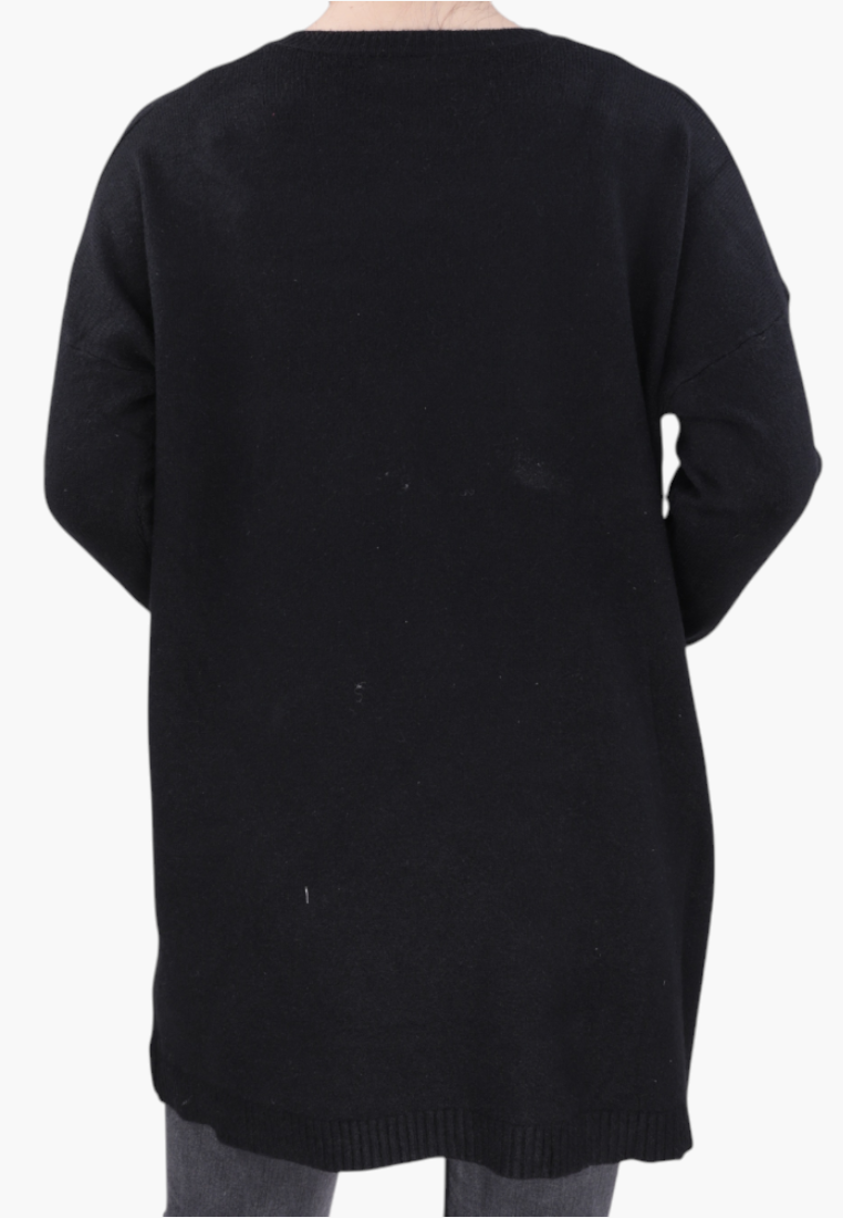 Falio black wool and cashmere blend sweater with a round neckline, shown from the back on a model.