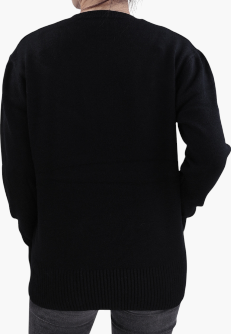 Falio black long-sleeve sweater with round neck, made from a soft wool and cashmere blend, back view