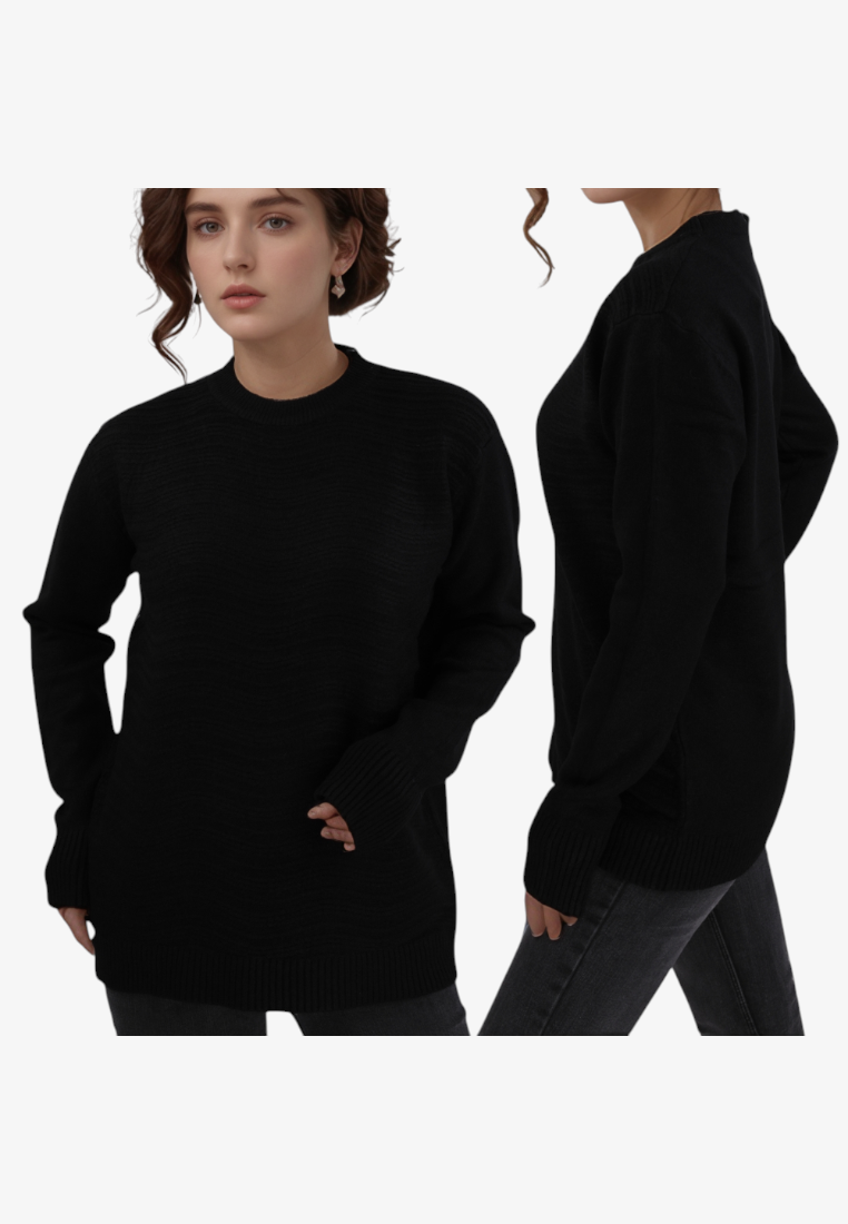 Falio black wool and cashmere blend sweater with a round neckline and long sleeves worn by a model