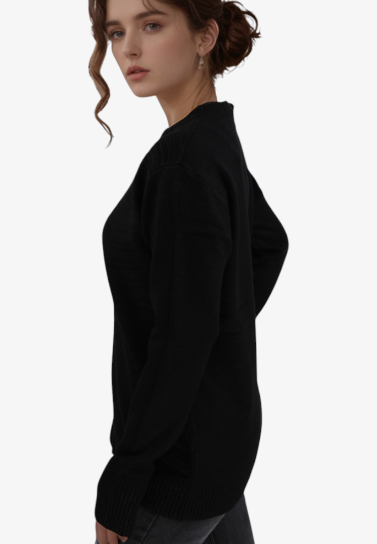 Falio black wool and cashmere blend sweater with a round neckline worn by a woman in a side profile view