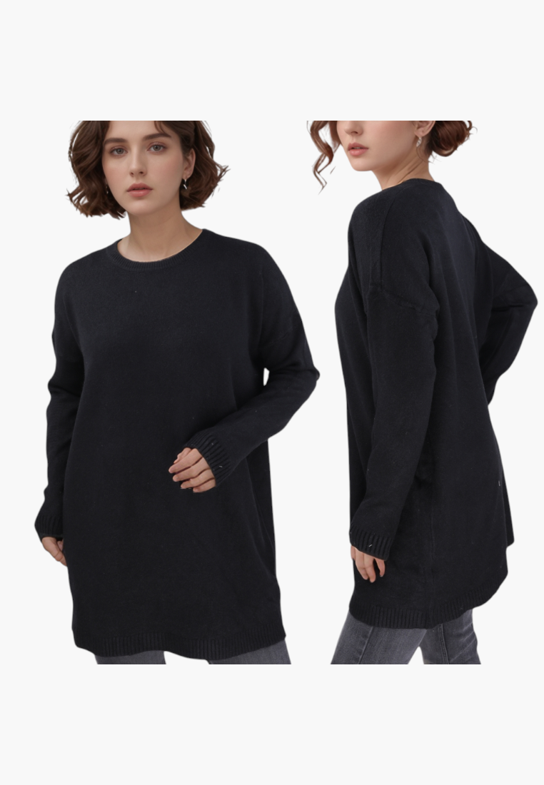 Falio black wool and cashmere blend sweater with a round neckline and long sleeves worn by a woman