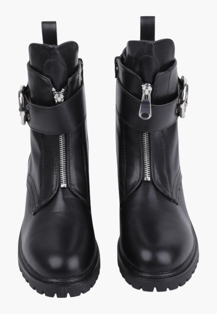 Falio black women's ankle boots with front zipper and side buckle detail for autumn and winter