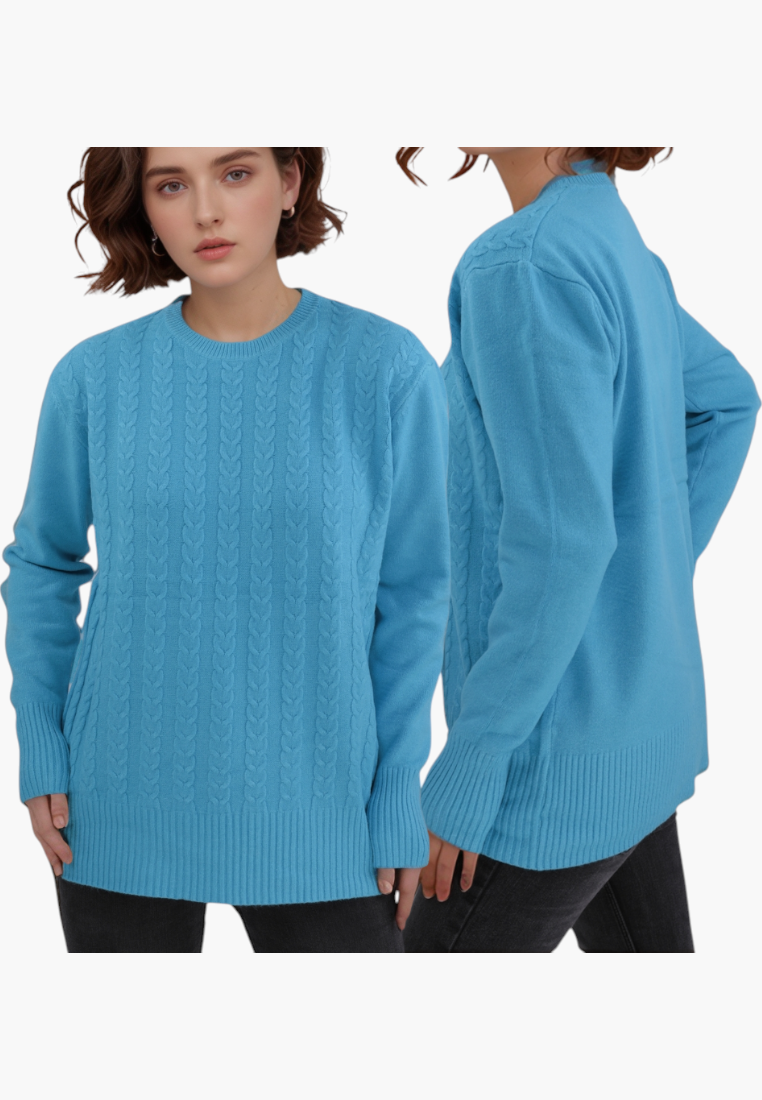 Falio blue cable knit sweater with round neck, made from a soft wool and cashmere blend, worn by a model.