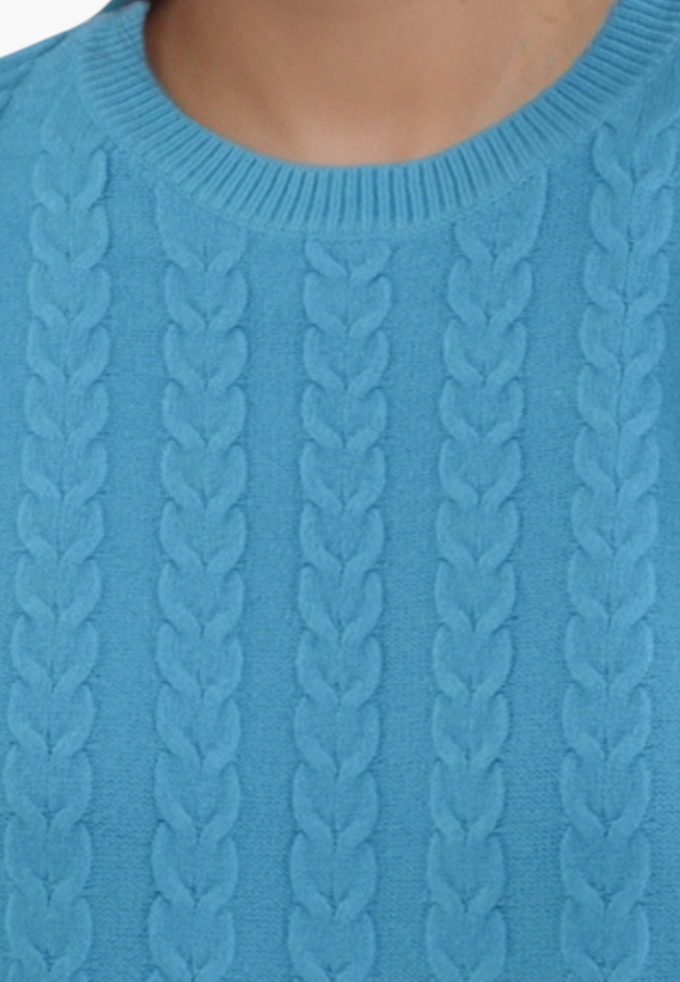 Falio blue women's sweater in a soft wool and cashmere blend featuring a classic round neckline and cable knit design
