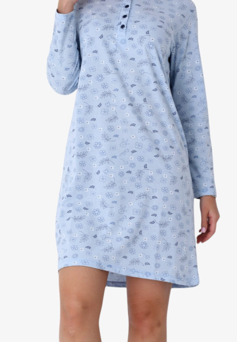 Falio light blue cotton nightgown with a floral print, long sleeves, round neckline, and button detail.