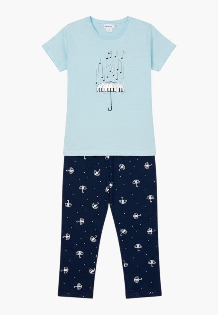 Falio light blue cotton pajama set with short sleeves and 3/4 pants featuring a musical umbrella print.