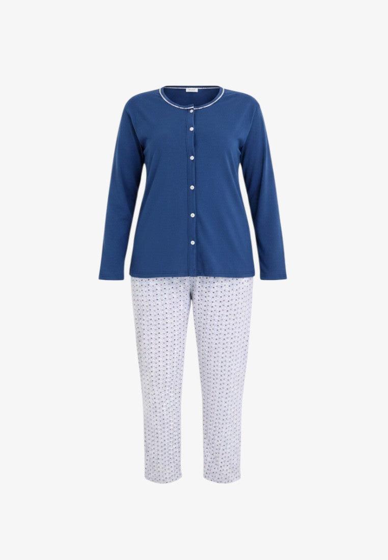 Falio women's blue 100% cotton long sleeve pajama set with white patterned pants and button-up top.