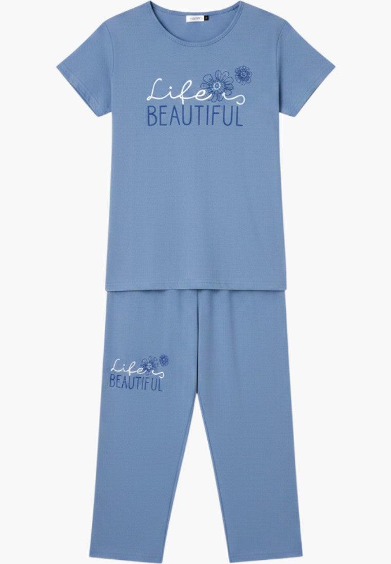 Falio blue cotton short sleeve pajama set with 3/4 length pants and "life is beautiful" graphic.