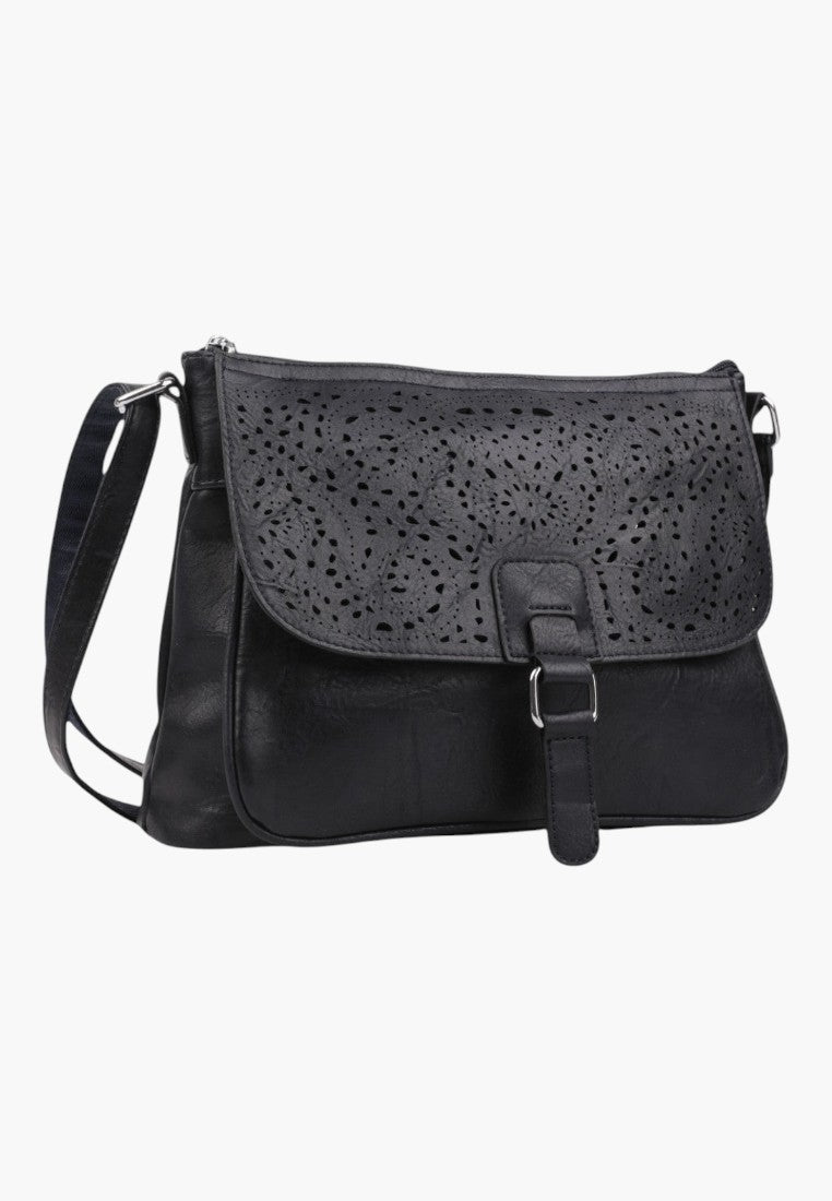 Falio blue crossbody bag with a decorative laser-cut floral flap and silver buckle detail