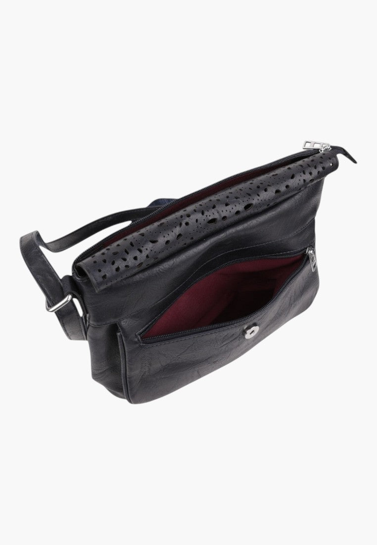 Falio blue crossbody bag with a laser-cut flap detail, zipper closure, and a dark interior lining.