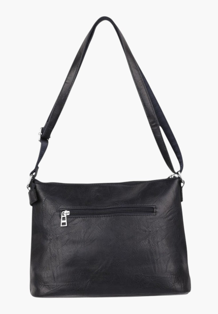 Falio blue crossbody shoulder bag with a zippered back pocket and adjustable strap for elegant daily use