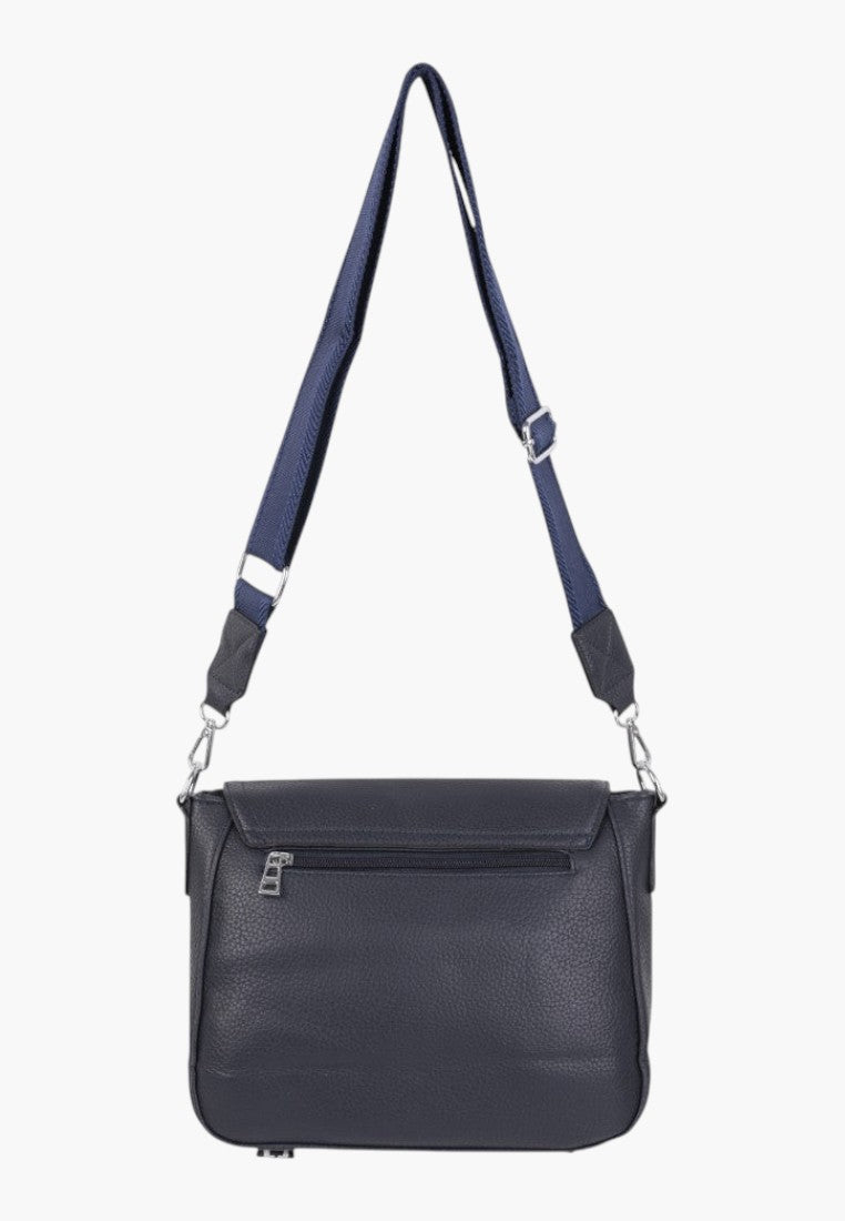 Falio blue faux leather crossbody bag with adjustable shoulder strap and zippered back pocket