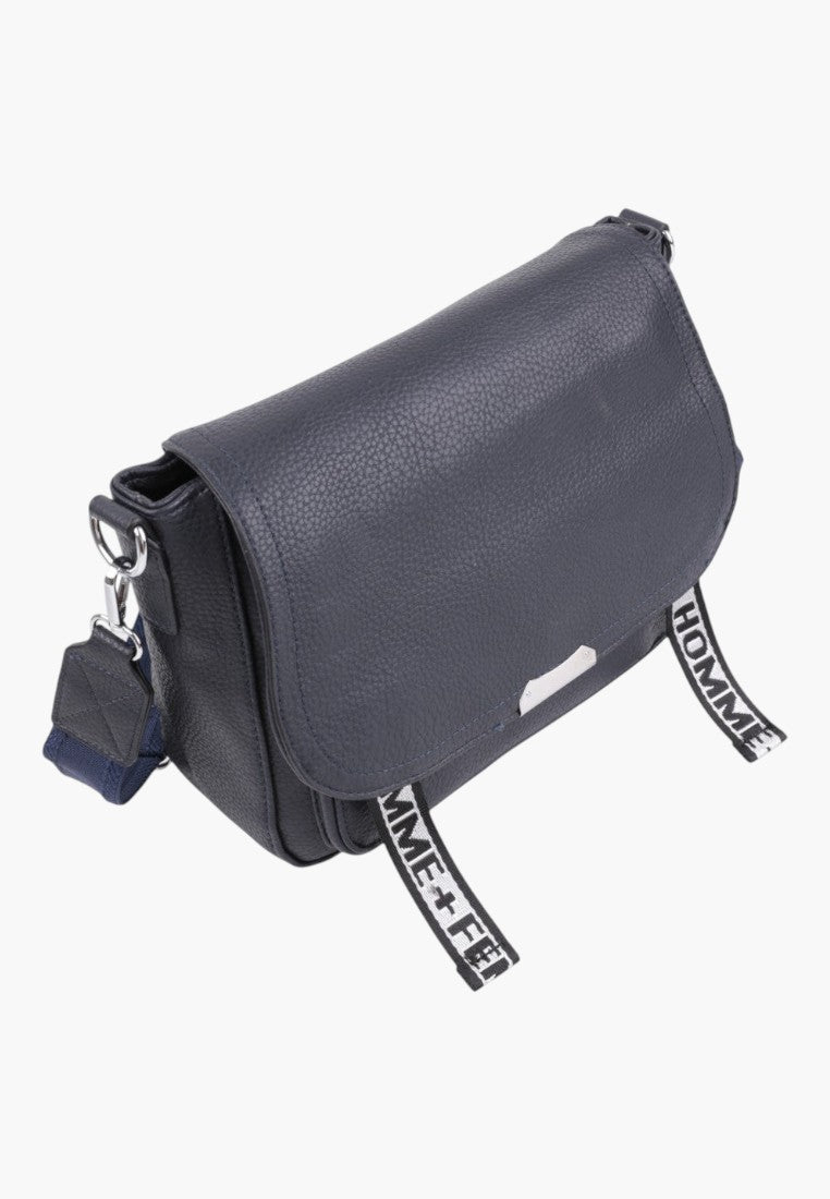 Falio blue faux leather crossbody bag with a flap closure and decorative branded straps for a modern urban style.