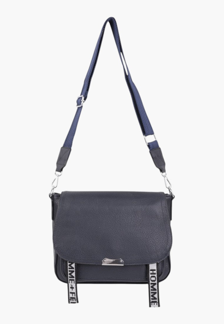 Falio blue faux leather crossbody bag with adjustable strap and decorative logo ribbons on the front flap
