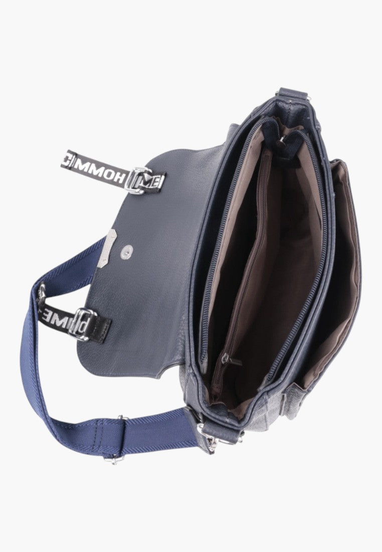 Falio blue faux leather crossbody bag with two compartments, zipper closure, and adjustable branded shoulder strap.