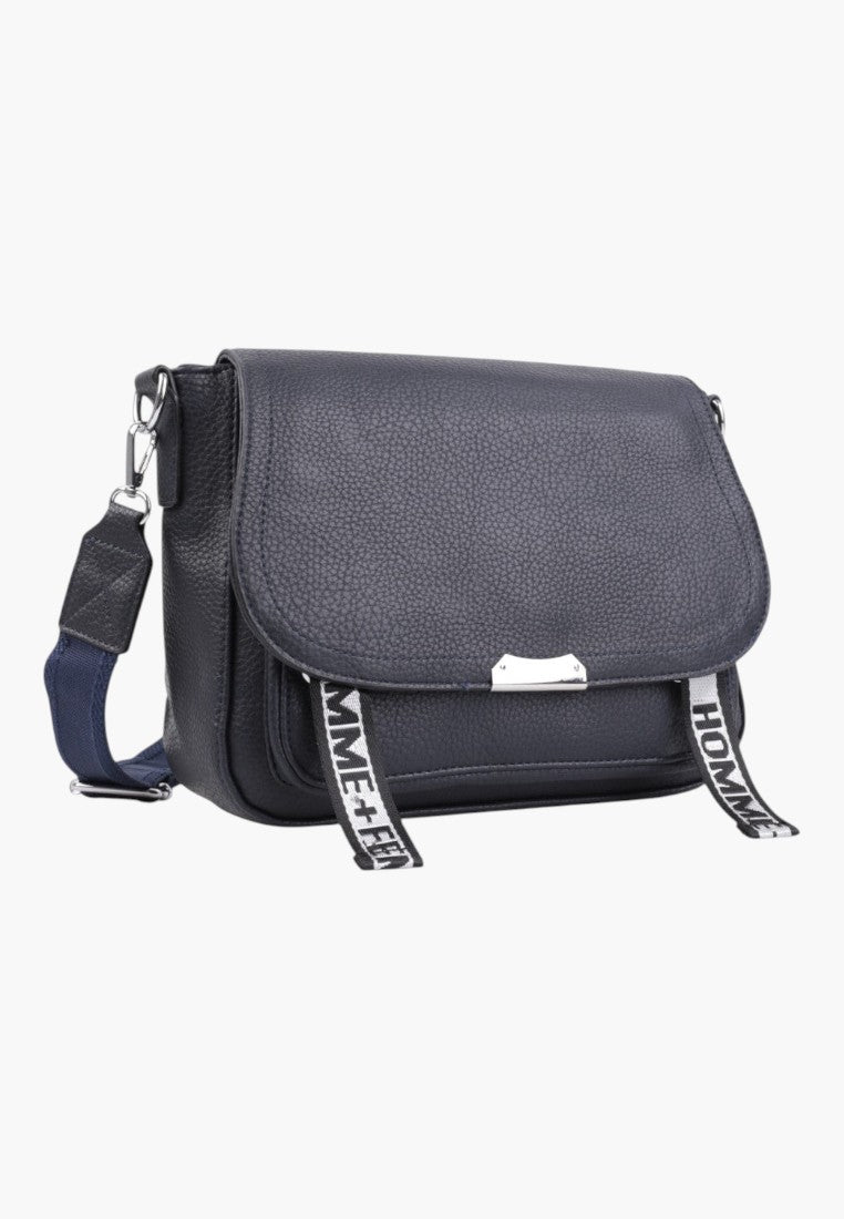 Falio blue faux leather crossbody bag with a flap closure, decorative branded straps, and an adjustable shoulder strap