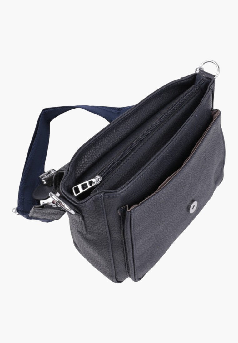 Falio blue faux leather crossbody bag with multiple zippered compartments and an adjustable shoulder strap.
