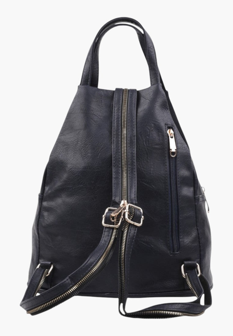 Falio small urban women's backpack in blue faux leather with multiple zippered pockets and silver hardware