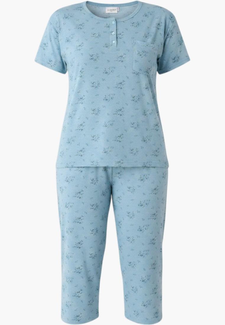 Falio women's blue floral print 100% cotton 3/4 sleeve pajama set with round neck and pocket.
