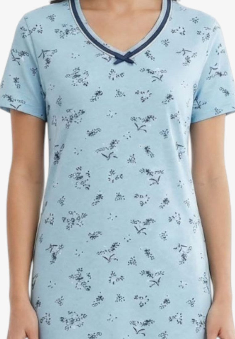 Falio light blue short sleeve nightgown with a navy trim and floral print. Features a V-neck with a small bow.