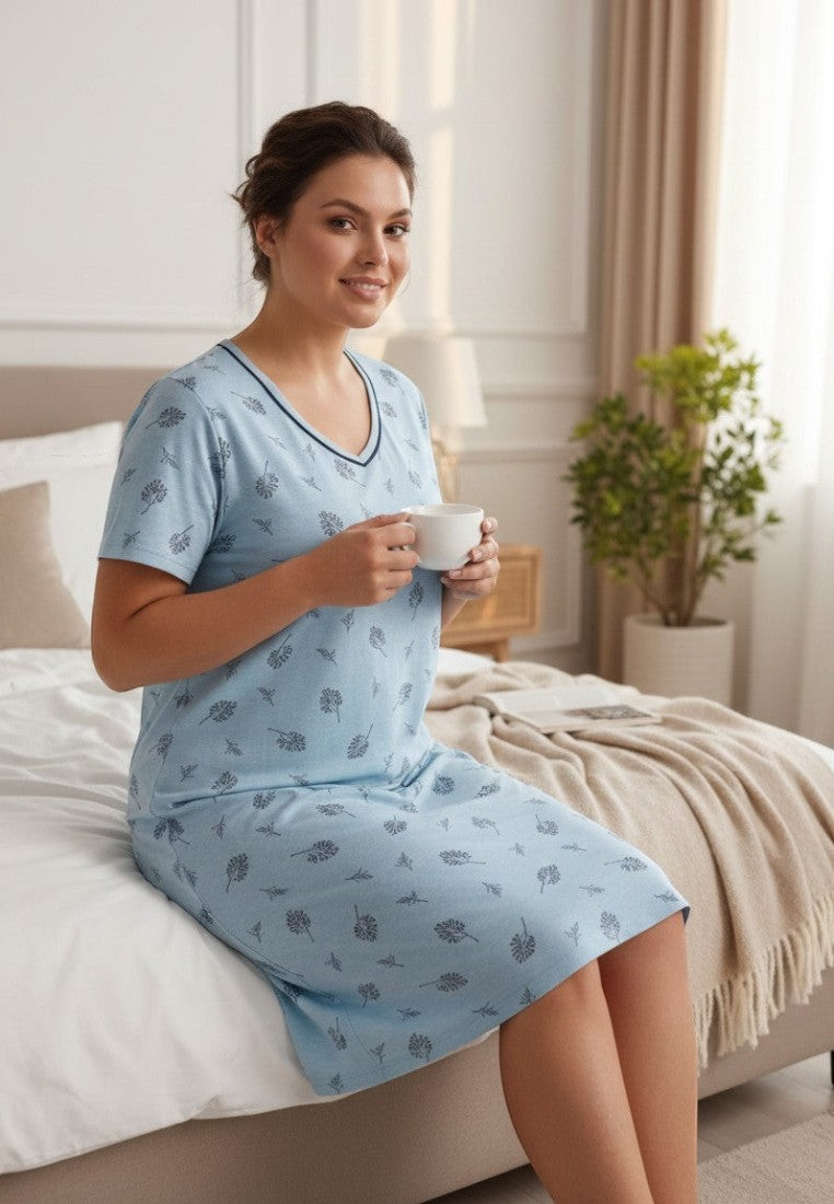 Falio light blue short sleeve v-neck nightgown with a dark floral print and navy trim.