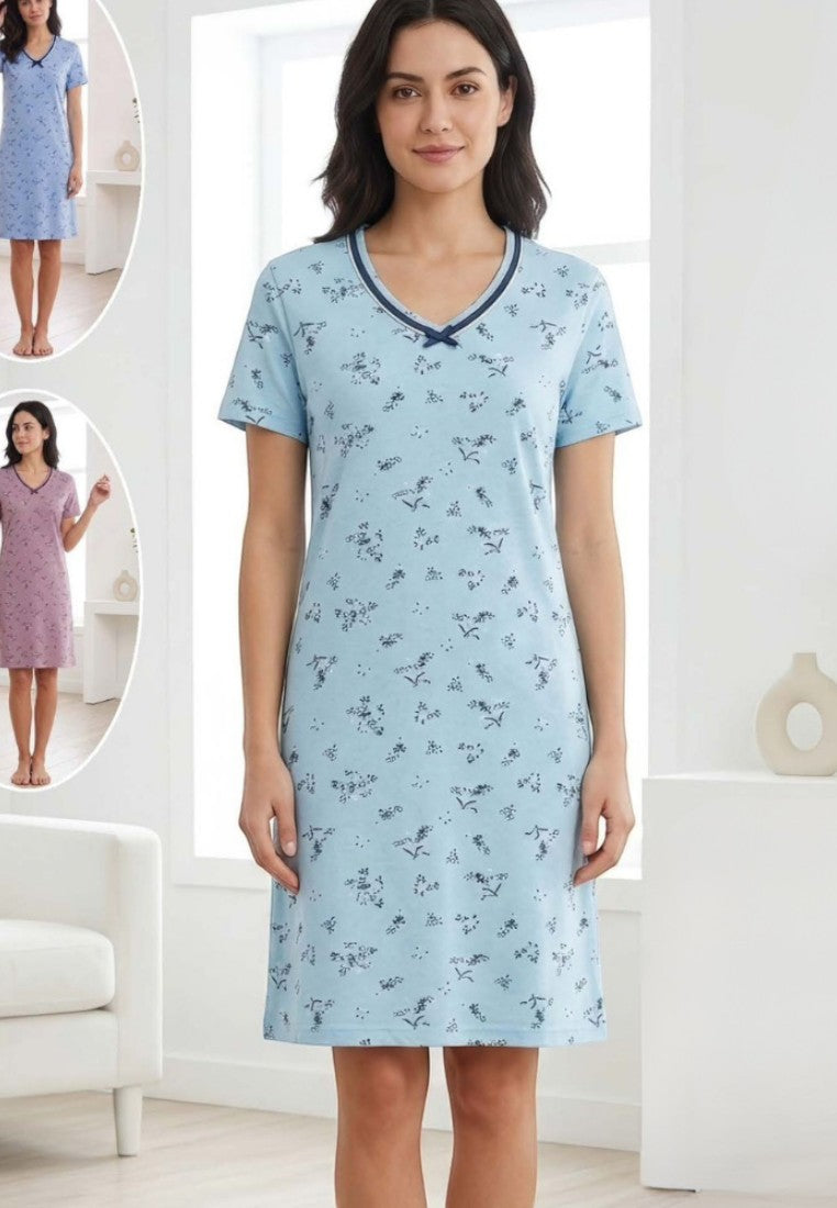 Falio light blue short-sleeve nightgown with a delicate floral print and navy trim V-neck with a small bow.