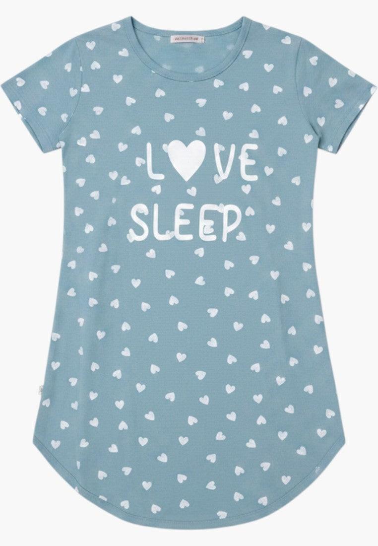 Falio light blue cotton nightgown with white hearts print and "LOVE SLEEP" text. Short sleeves, round neck, curved hem.