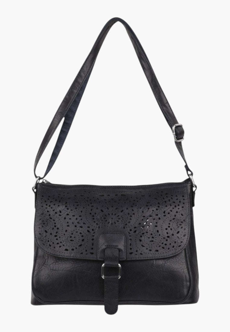 Falio blue crossbody bag with a decorative laser-cut floral flap and adjustable shoulder strap