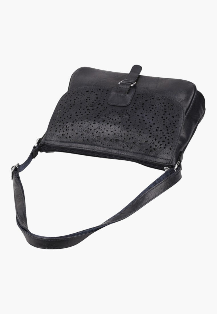 Falio blue leather crossbody bag with intricate laser-cut floral patterns and an adjustable shoulder strap.