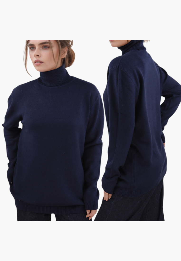 Falio blue mock neck sweater in a soft viscose blend with long sleeves and a classic fit worn by a model