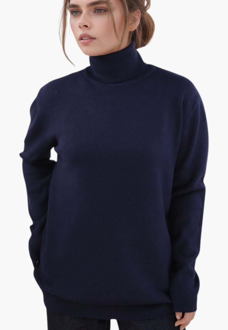 Falio blue mock neck sweater in a soft viscose blend with long sleeves and a classic fit worn by a model