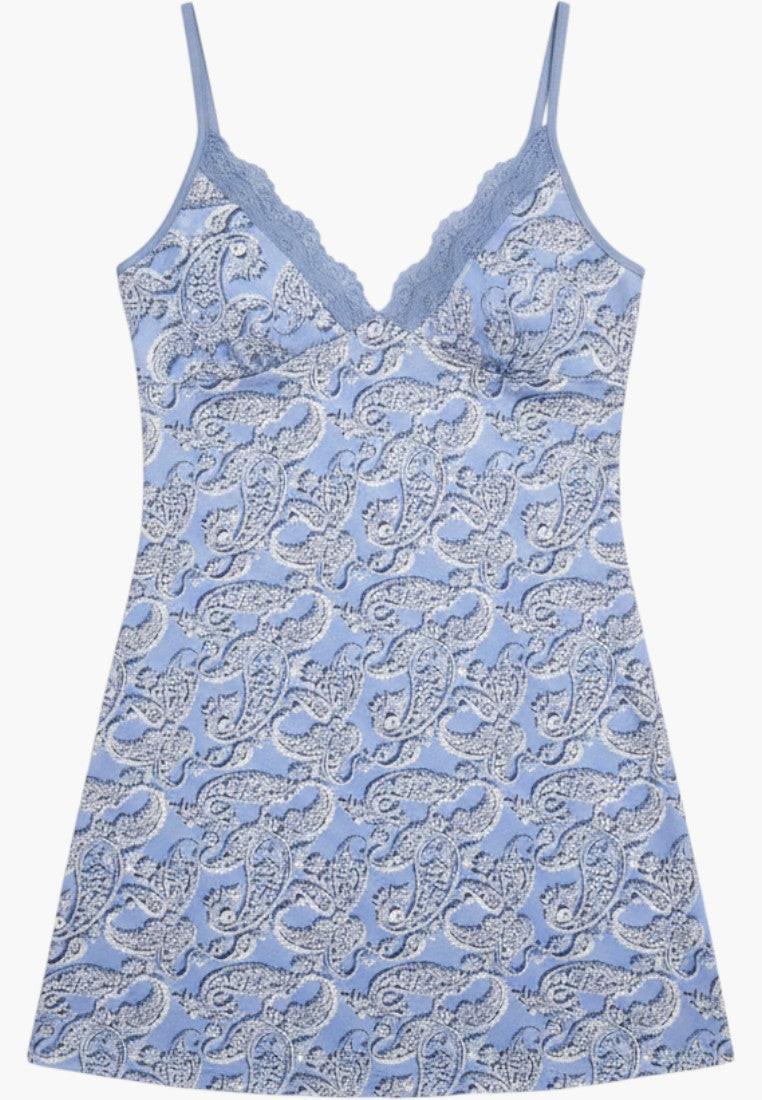 Falio blue and white paisley print cotton nightgown with lace trim and adjustable straps. Above-knee length.