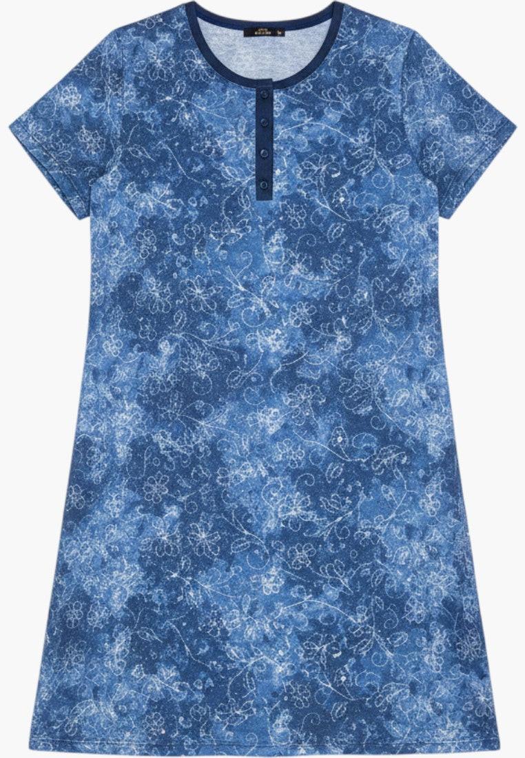 Falio blue patterned short sleeve nightgown with button detail at neckline, made from soft fabric for comfort.