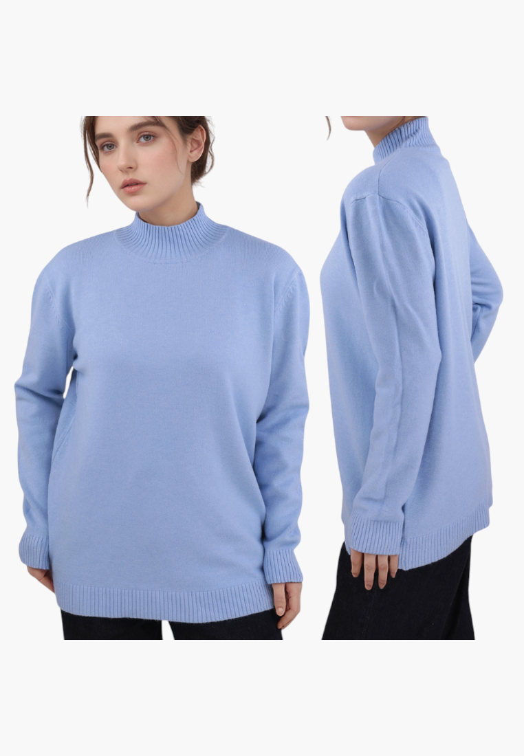 Falio blue plus size pullover sweater with a mock neck collar, shown from front and side angles.