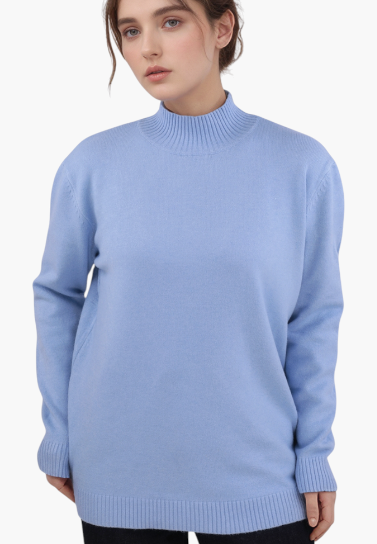 Falio blue plus size pullover sweater with a mock neck, worn by a model against a white background.