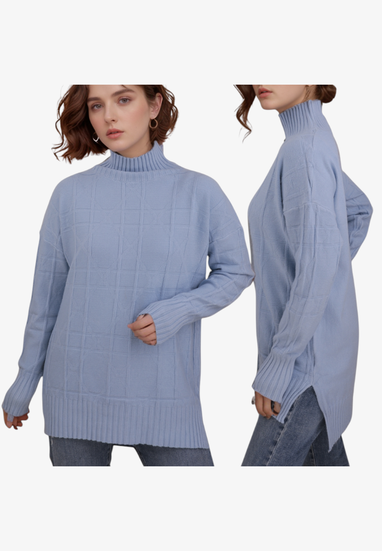 Falio plus size blue mock neck sweater with a textured grid pattern, long sleeves, and side slits on a model.