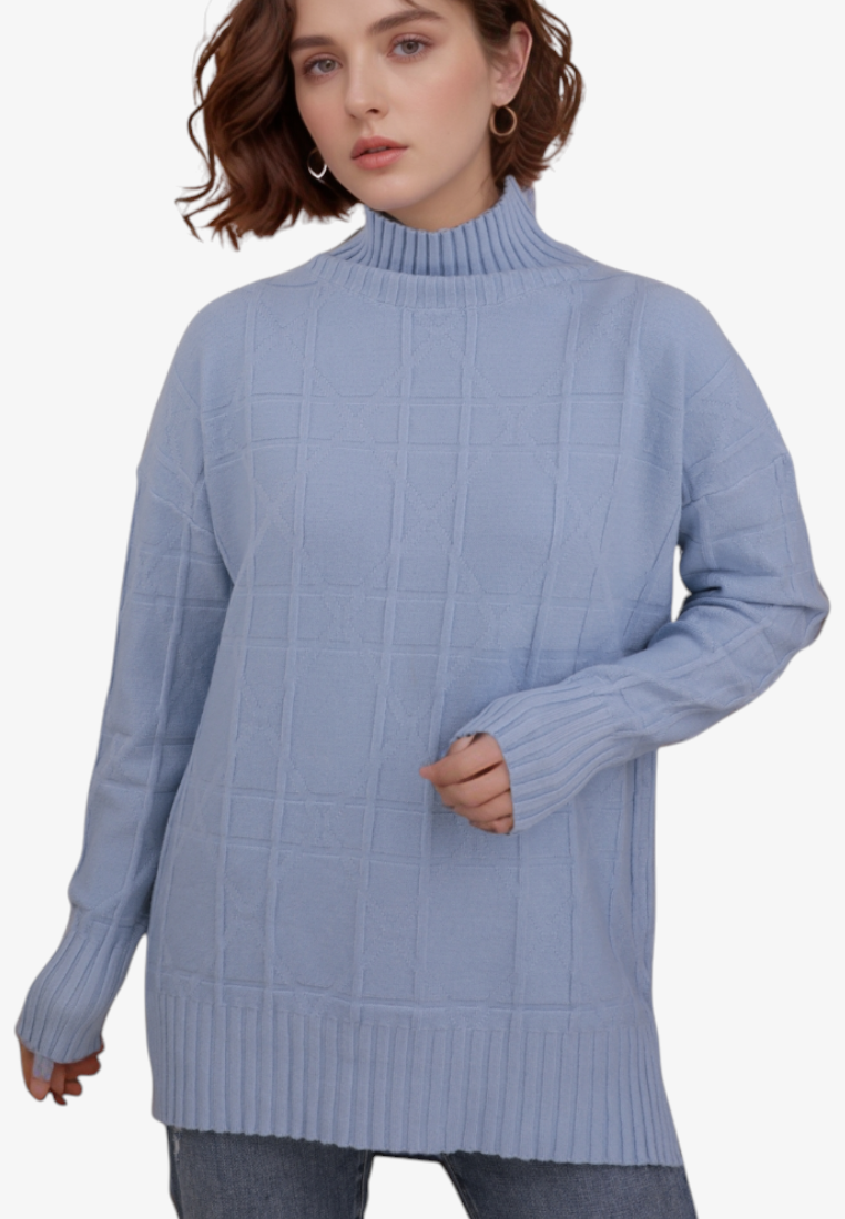 Falio plus size blue mock neck sweater with long sleeves and textured grid pattern worn by a woman