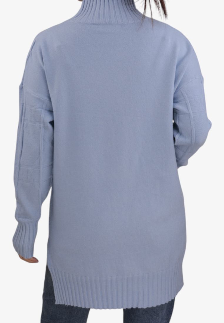 Falio blue plus size women's sweater with a mock neck and ribbed hem, back view