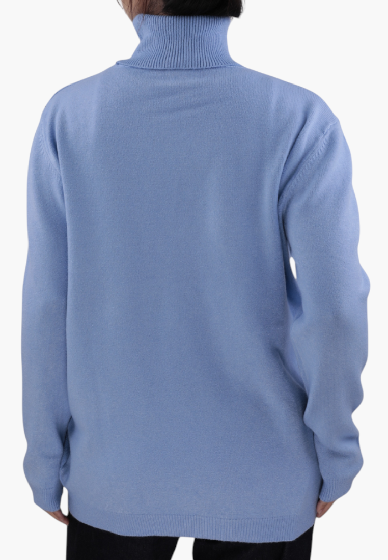 Back view of a Falio plus size blue viscose blend sweater with a turtleneck and long sleeves on a model