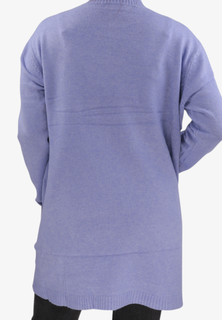 Falio blue plus size wool blend sweater with a mock neck and long sleeves, back view