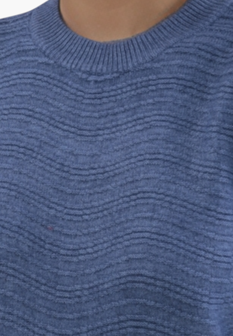 Falio blue women's sweater with a textured wavy knit pattern, round neckline, and soft wool-cashmere blend fabric.